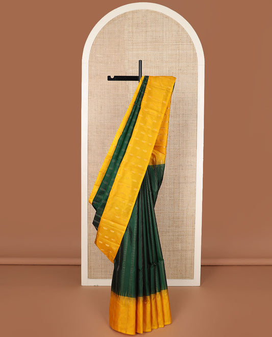 Green striped soft silk saree, contrast manga motifs woven border & pallu of chevron designs