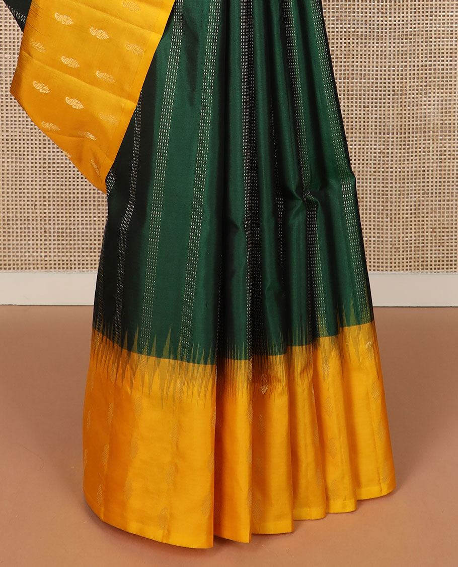 Green striped soft silk saree, contrast manga motifs woven border & pallu of chevron designs