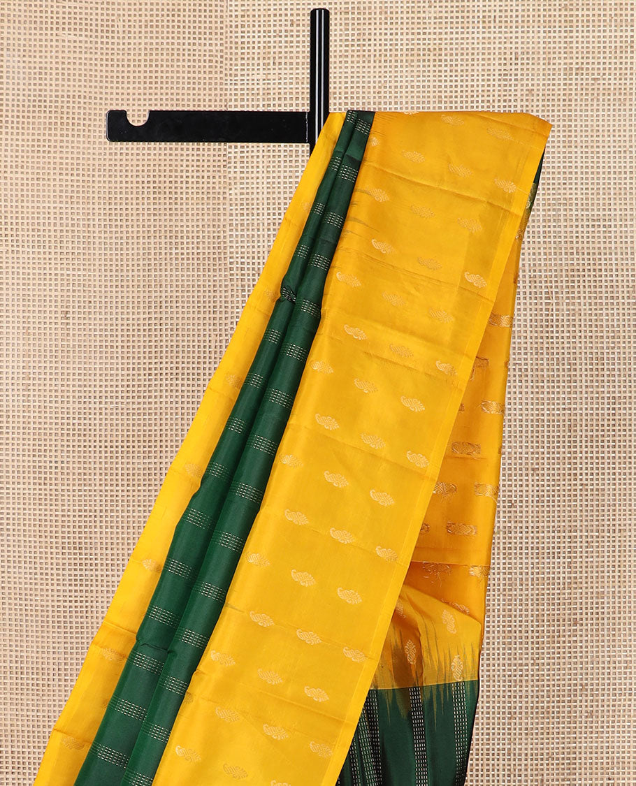 Green striped soft silk saree, contrast manga motifs woven border & pallu of chevron designs