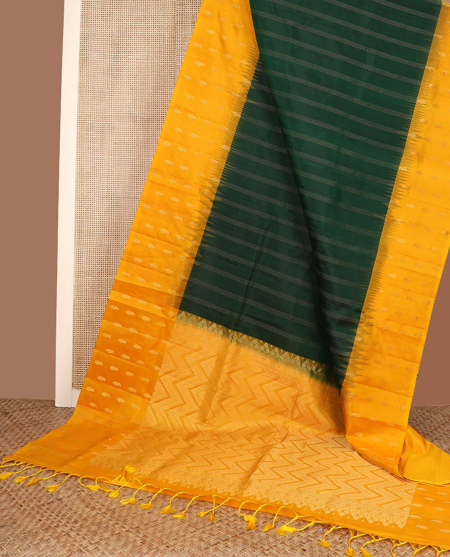 Green striped soft silk saree, contrast manga motifs woven border & pallu of chevron designs