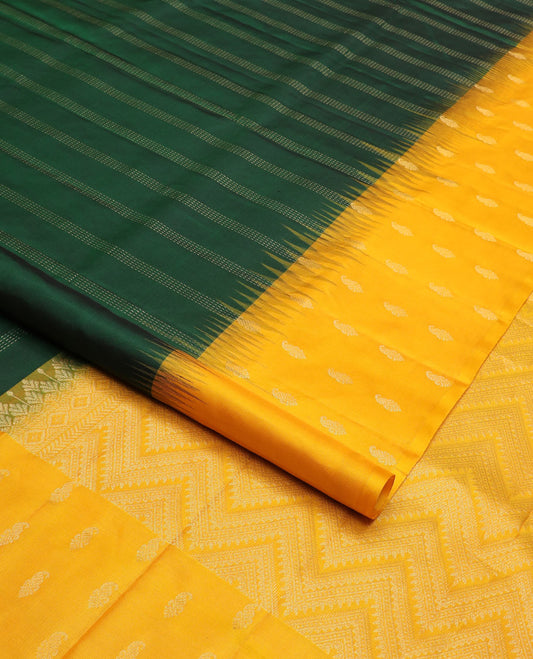 Green striped soft silk saree, contrast manga motifs woven border & pallu of chevron designs