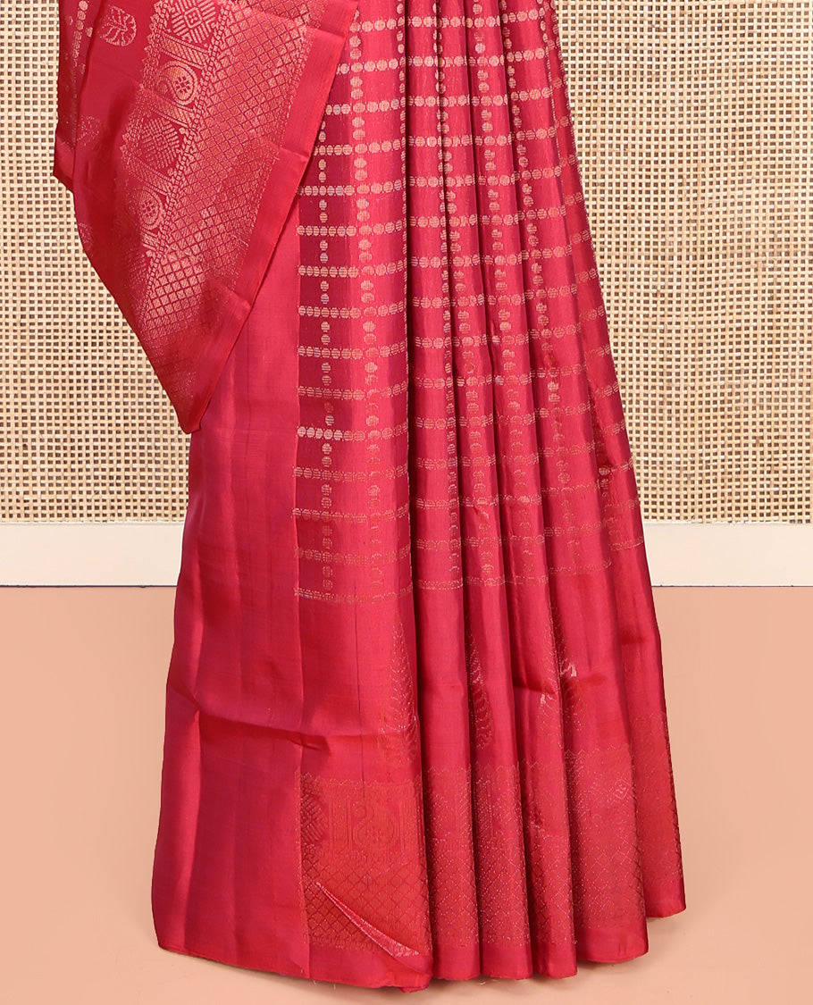 Red Mayuri Lite Silk Mix Saree, Sparsely Woven with Checked Design All Over Its Body, Highlighted by a Zari Traditional Border, Sparsely Woven Pallu, and Paired with a Matching Blouse