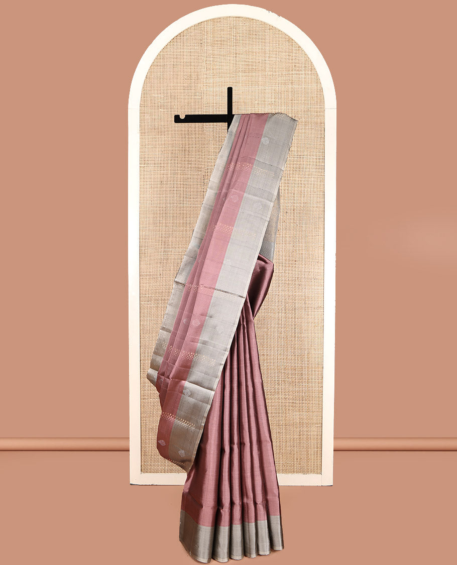 Pale Brown Mayuri Lite Silk Mix Saree, Richly Decked Up with Zari Buttas, Complemented by Contrast Border, Sparsely Woven Pallu and a Contrast Blouse