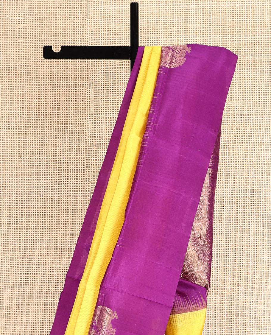 Yellow Mayuri Soft Silk Saree, Sparsely Woven with Mayil Buttas, Contrast Border of Mayil Designs, Pallu of Butta Enclosed Checks, and a Contrast Blouse