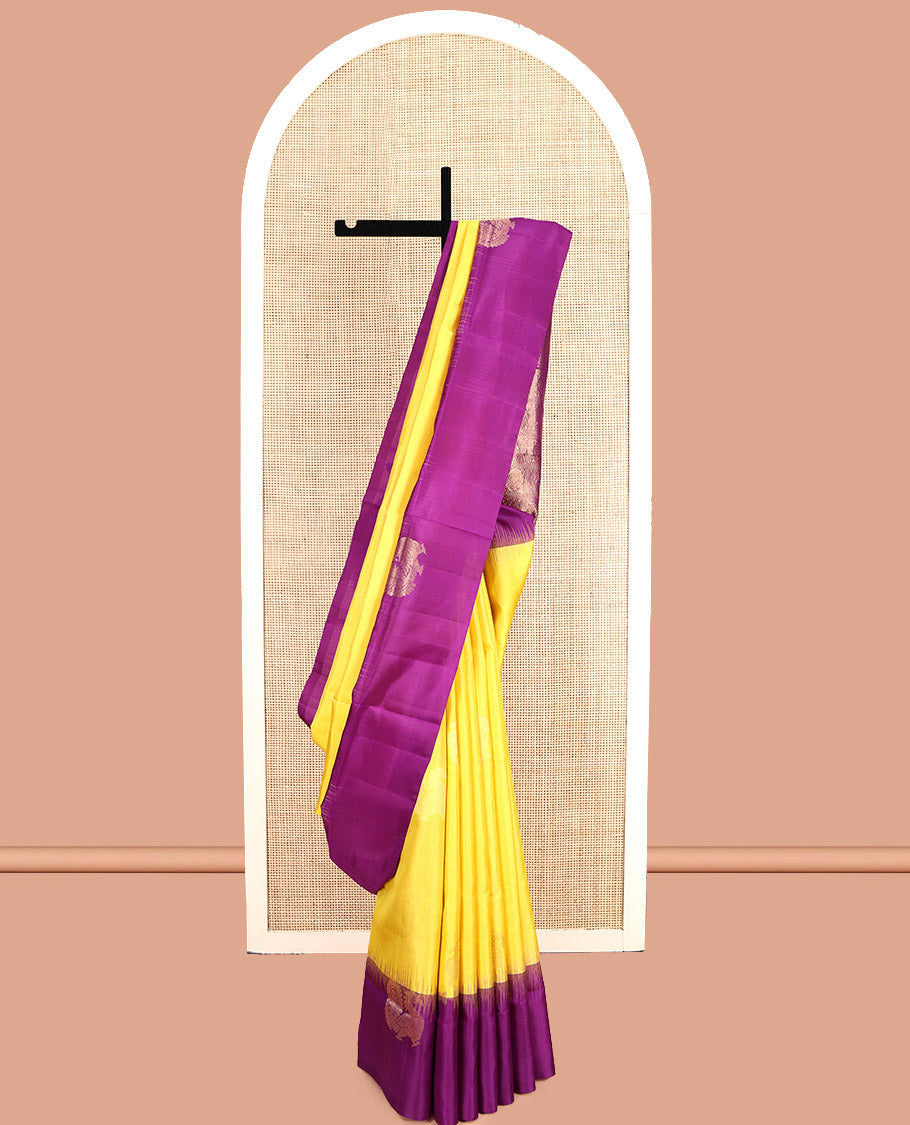 Yellow Mayuri Soft Silk Saree, Sparsely Woven with Mayil Buttas, Contrast Border of Mayil Designs, Pallu of Butta Enclosed Checks, and a Contrast Blouse