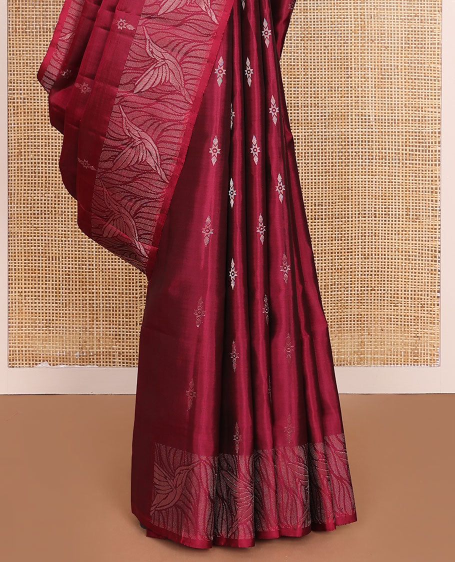 Red Mayuri Soft Silk Saree Subtly Sparkled with Buttas All Over Its Body, Highlighted by Zari Border of Kingfisher Bird Motifs, Pallu Features Geometric Patterns, and Paired with a Matching Blouse