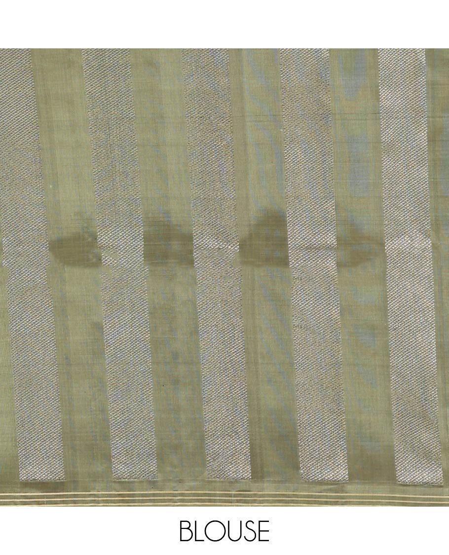 Green tree motifs zari woven soft silk saree, striped piping border, and pallu of zari designs