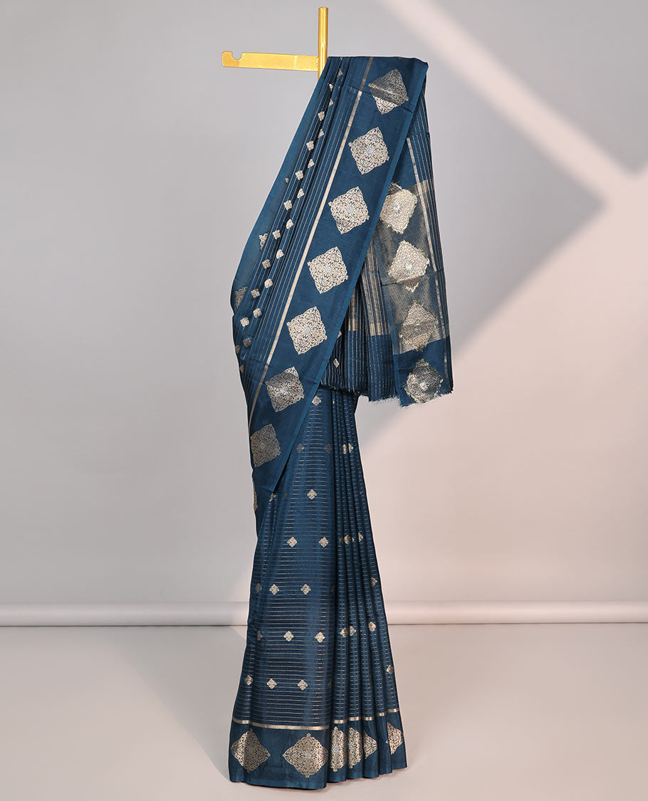 Blue striped, geometric mushru silk saree with self geometric motifs border & striped zari pallu