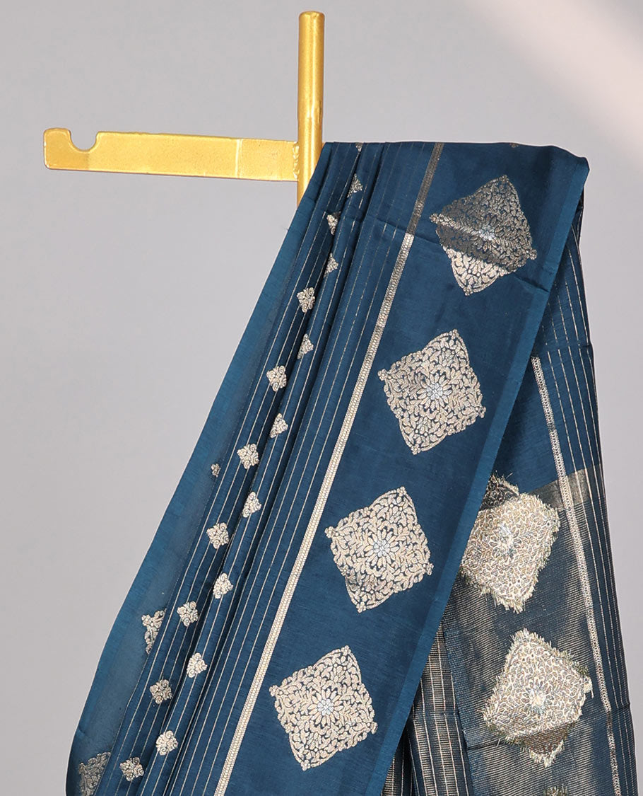 Blue striped, geometric mushru silk saree with self geometric motifs border & striped zari pallu