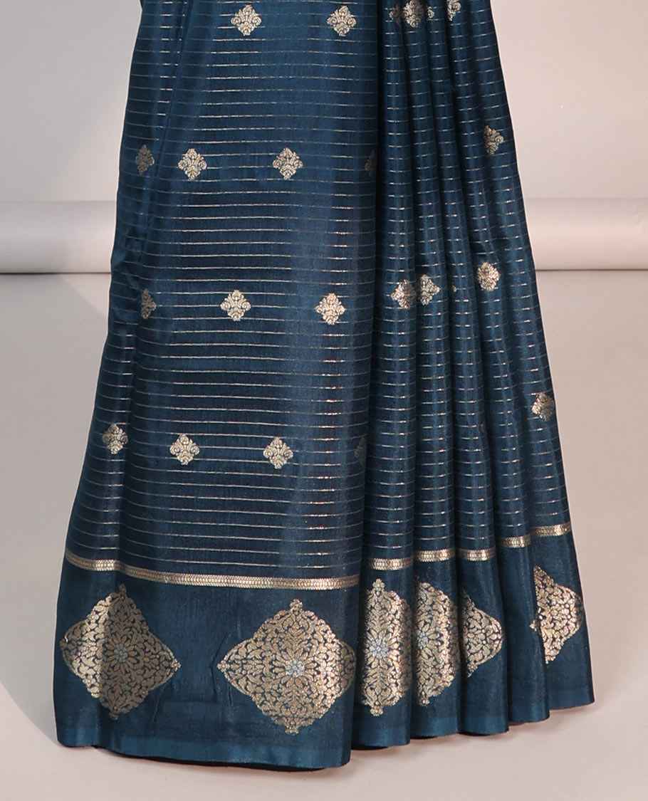 Blue striped, geometric mushru silk saree with self geometric motifs border & striped zari pallu