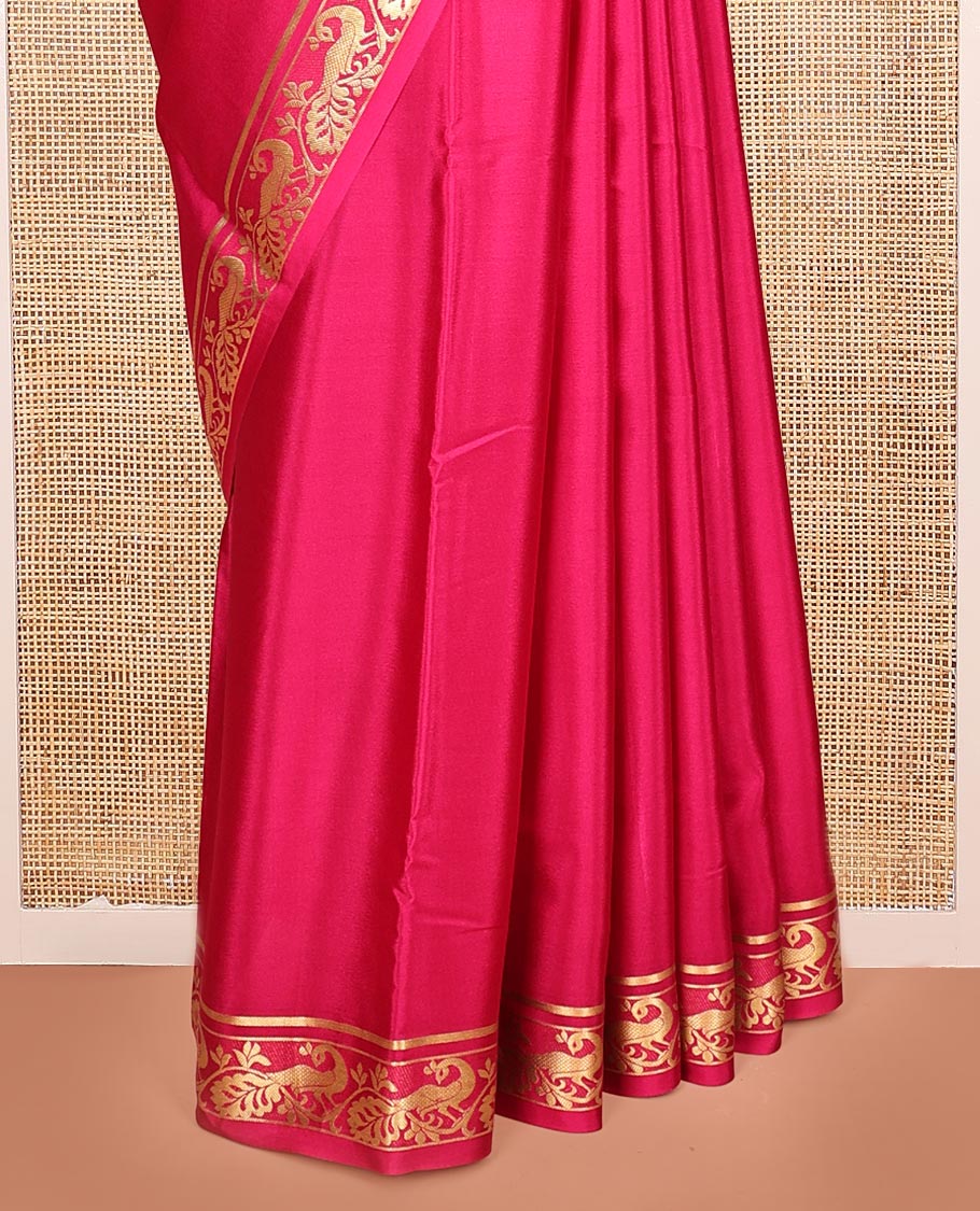 Pink Plain Mysore Silk Saree, Highlighted by a Traditional Zari Border of Peacock Designs, Pallu Steeped with Zari Stripes, and Paired with a Matching Blouse