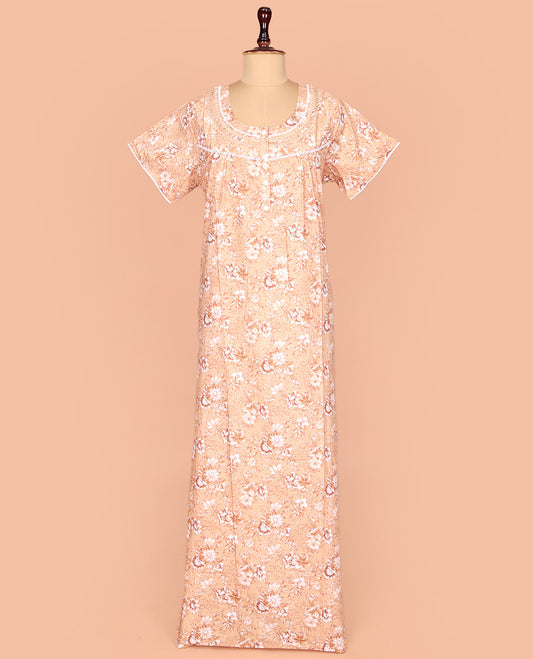 Light Orange Cotton Nighty Enthralled with Floral Print, Featuring Lace Work, Round Front Neck, and Half  Sleeves