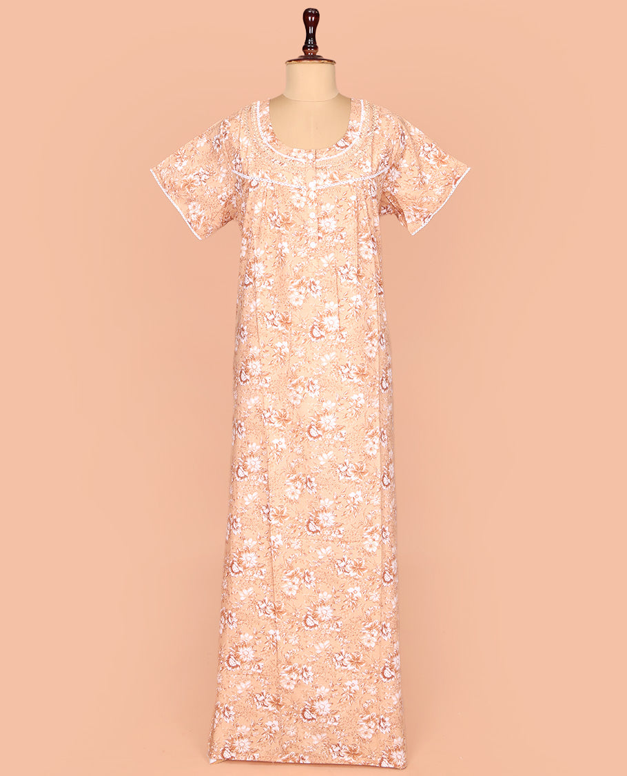 Light Orange Cotton Nighty Enthralled with Floral Print, Featuring Lace Work, Round Front Neck, and Half  Sleeves