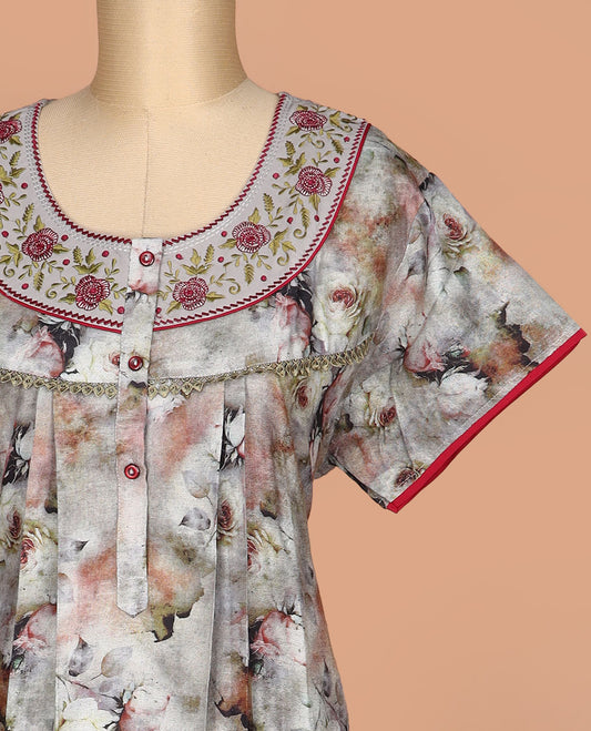 Grey floral printed with embroidered round neck half-sleeve nighty