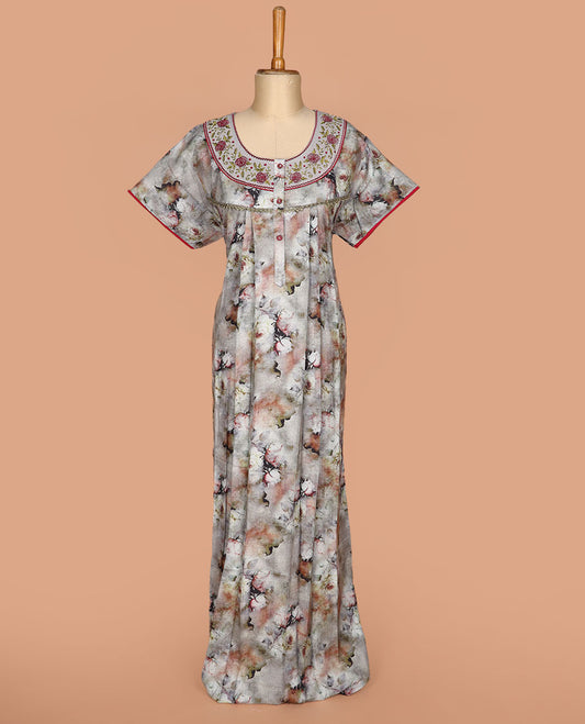 Grey floral printed with embroidered round neck half-sleeve nighty