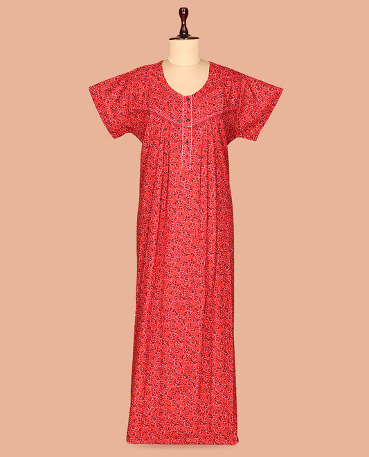 Red Round Neck Cotton-Blended Nighty