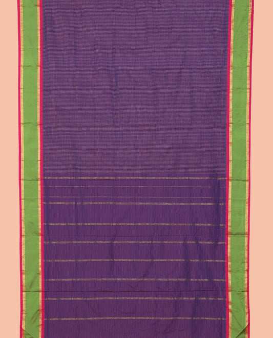 Violet Checked Art-Silk Nine Yard Saree, a Contrast Rettai Pettu Traditional Zari Border, a Self-Pallu, and No Blouse