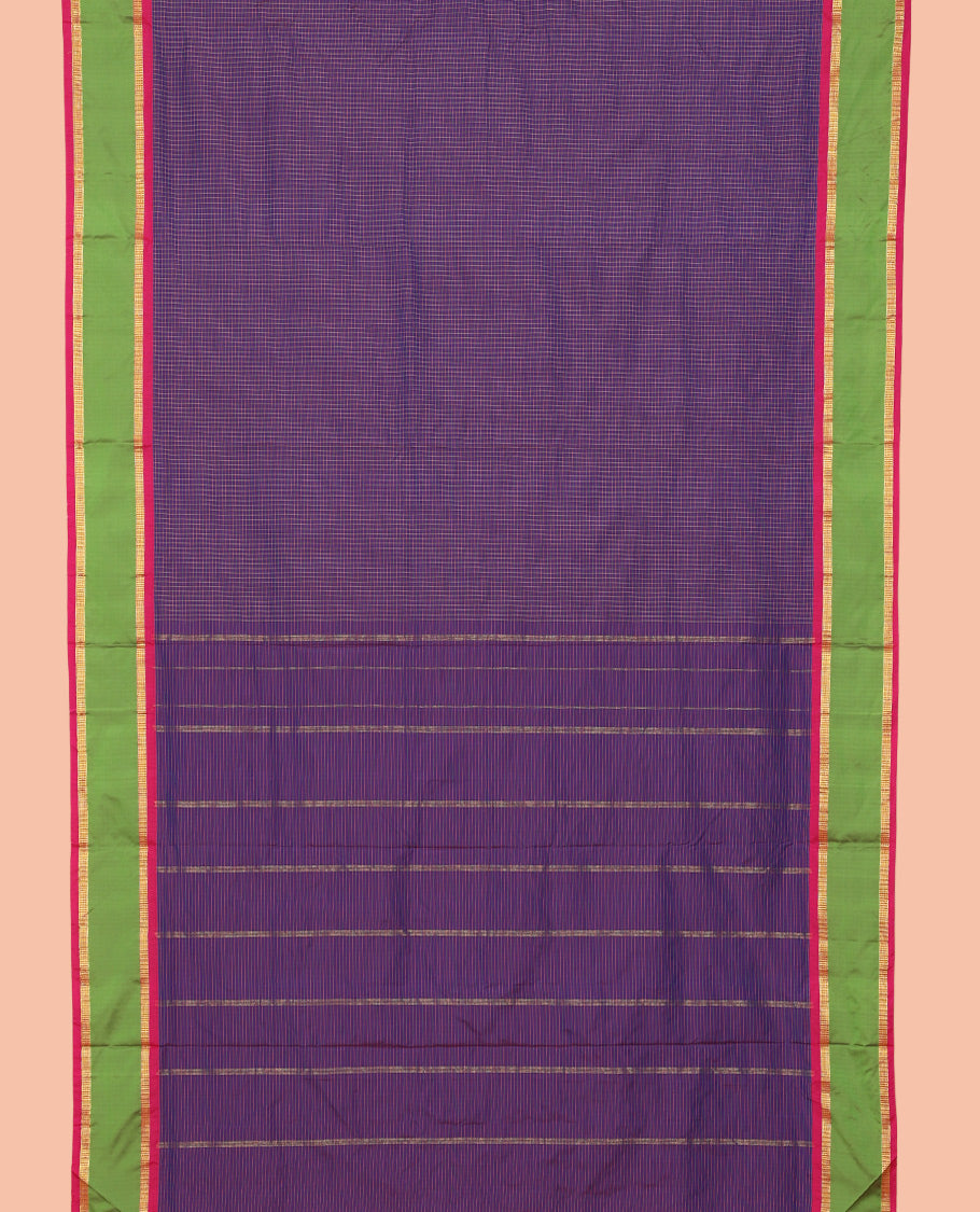 Violet Checked Art-Silk Nine Yard Saree, a Contrast Rettai Pettu Traditional Zari Border, a Self-Pallu, and No Blouse