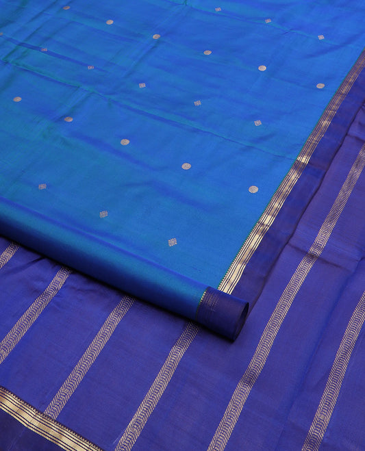 Blue zari buttas nine-yard silk saree, contrast kaal erangina border of rekku and banaras designs, and pallu of zari designs