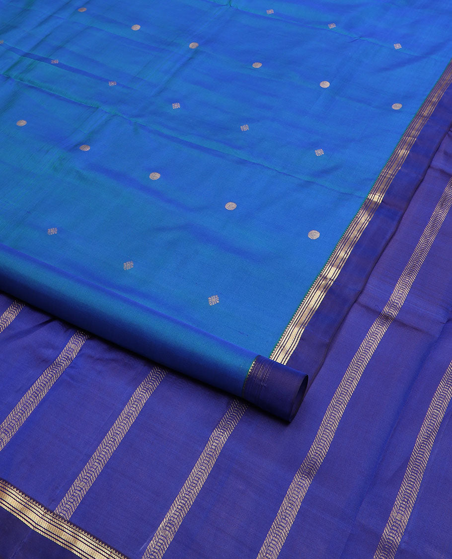 Blue zari buttas nine-yard silk saree, contrast kaal erangina border of rekku and banaras designs, and pallu of zari designs