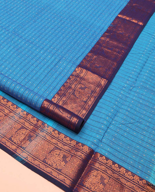 Blue Nine-Yard Cotton Saree, Subtly Sparkled with Butta Enclosed Checks, Complemented by Contrast Traditional Zari Design Border, Subtly Striped Pallu, and Comes Without a Blouse