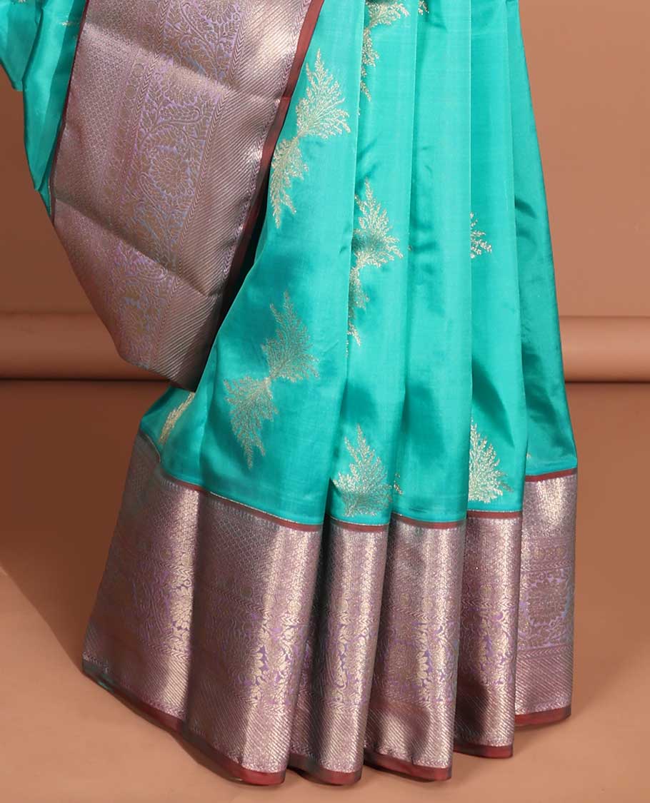 Blue floral buttas vasudhara elite silk saree with contrast intricate zari design border & floral, checked design pallu