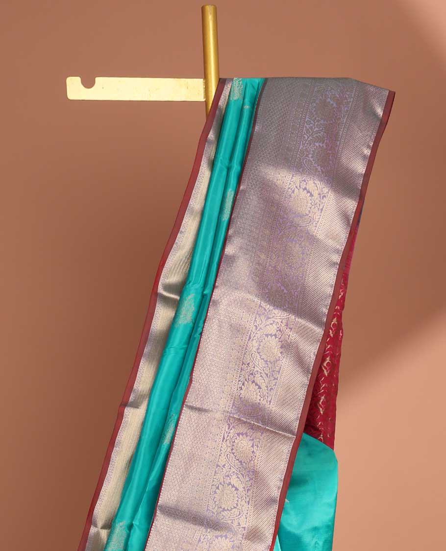 Blue floral buttas vasudhara elite silk saree with contrast intricate zari design border & floral, checked design pallu