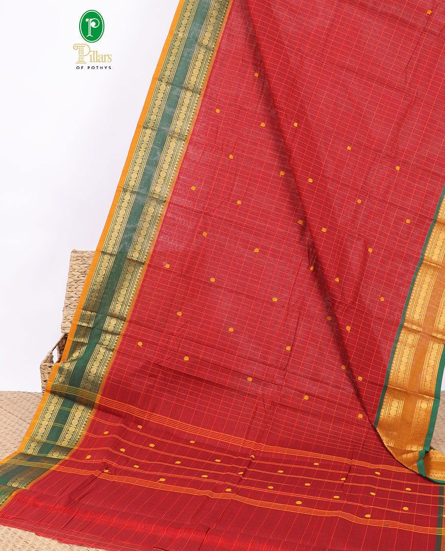 Red checked, buttas chettinad cotton saree with contrast traditional zari ganga jamuna border