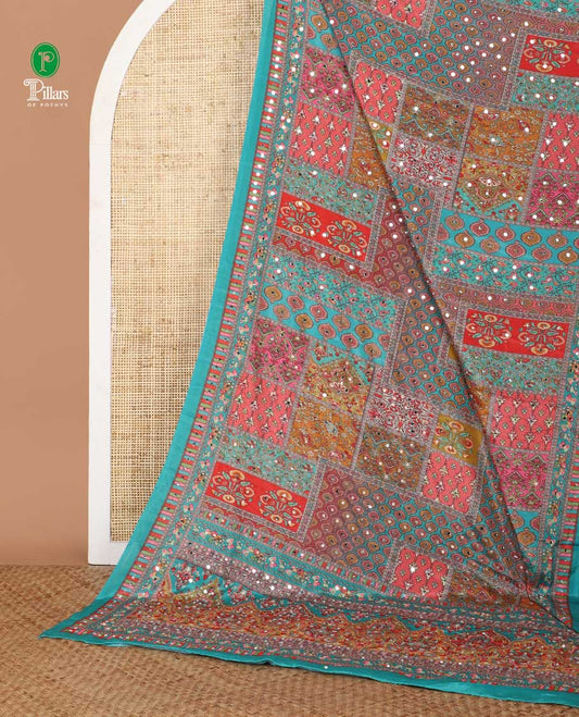 Multi-color geometric printed, mirror work masakali saree with printed, mirror work border & printed pallu along with plain blouse