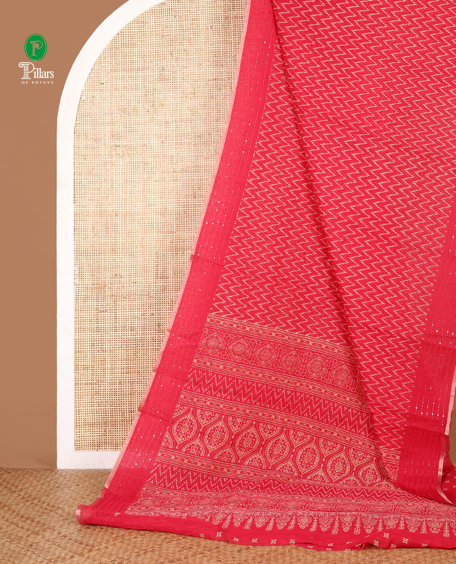 Pink zig zag printed soft mercerised cotton saree with sequins work border & printed pallu along with butta design printed blouse