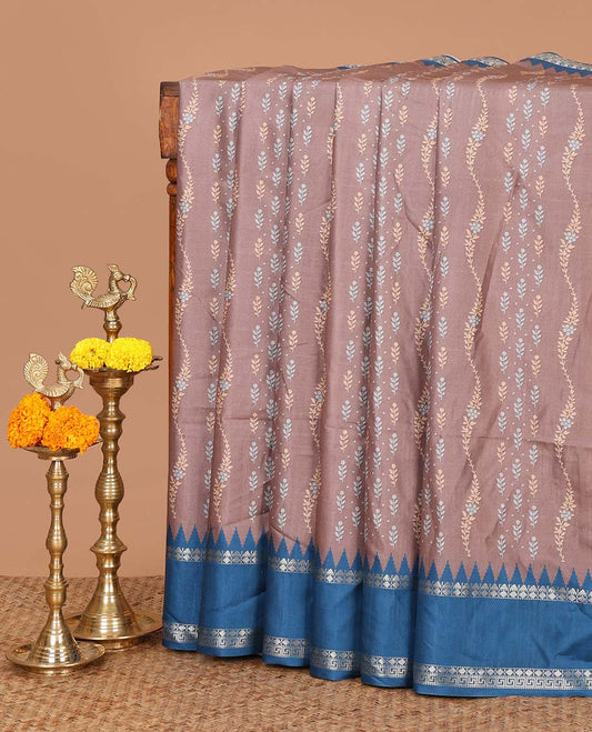 Light brown digital print khatan silk saree with contrast bentex border & printed pallu along with printed blouse