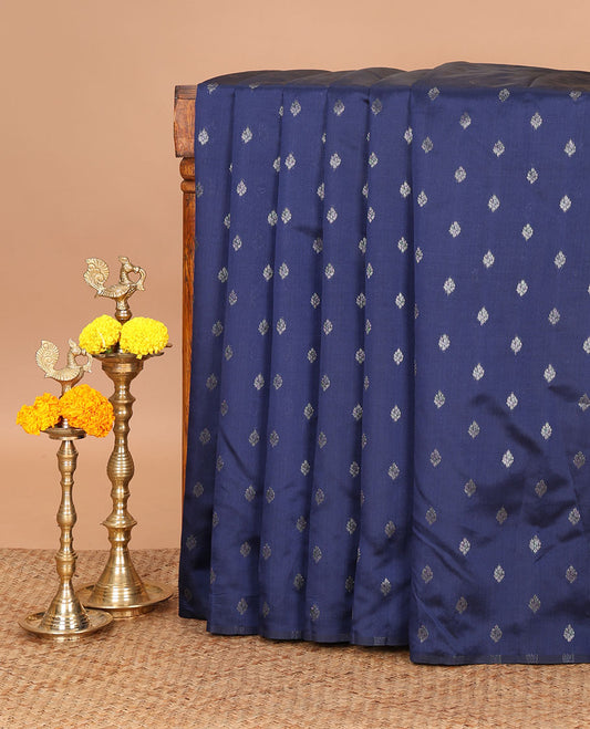 Borderless navy blue thousand zari buttas kanchi silk saree, self-pallu of buttas and stripes in zari
