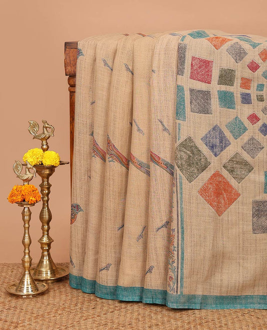 Cream colorful bird motifs digital printed linen cotton saree, contrast piping border & kaleidoscopic-colored pallu of floral creeper & geometric print