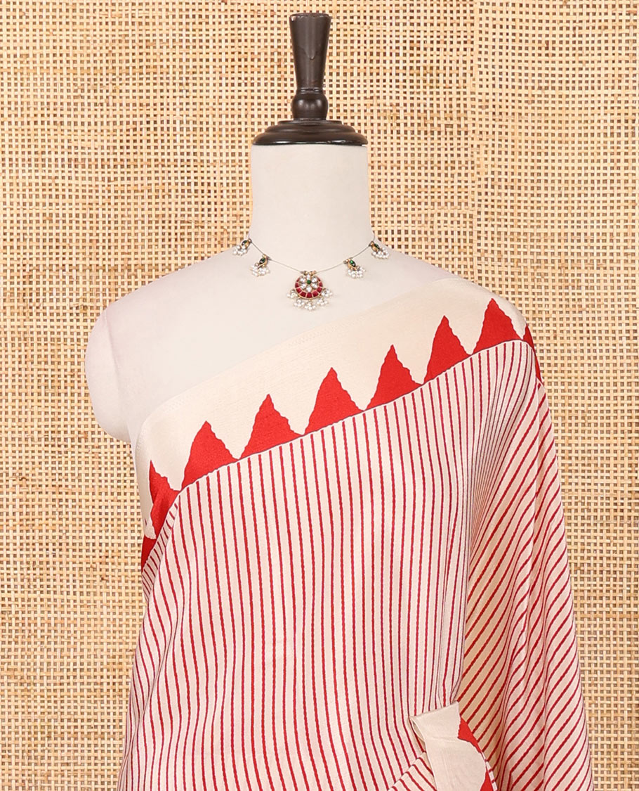 Cream & red vertical stripes printed turkey crepe saree, temple printed border, diamond motifs printed pallu & jaal printed blouse