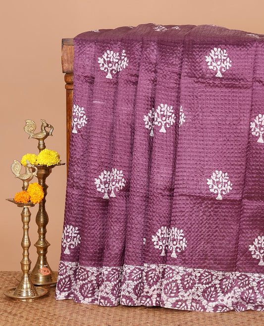Purple batik-style tree motif printed litch crushed saree, leaf print border, floral-geometric print pallu & floral print blouse