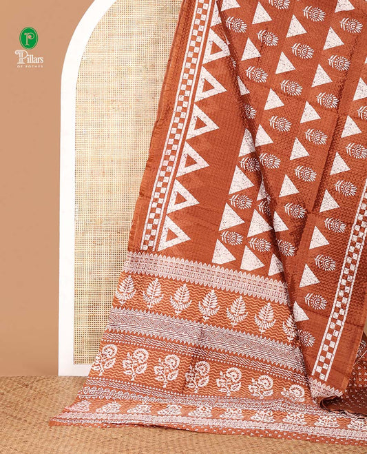 Brown batik-style triangle & floral printed litchi crushed saree,self-border,geometric print pallu & triangle motif printed blouse