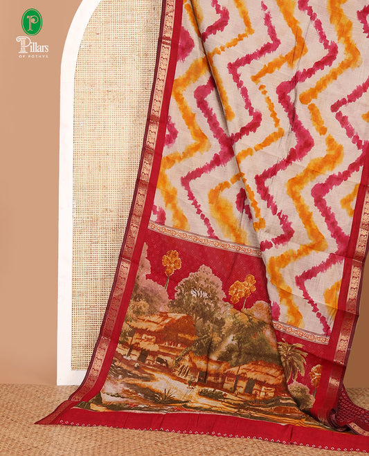 Maroon zig-zag shibori printed Maheshwari silk saree,contrast peacock zari border, nature-theme scenery print pallu & butta print blouse