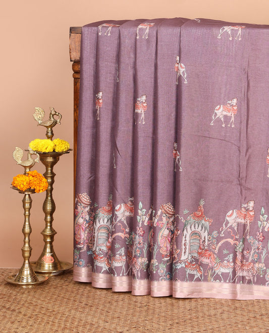 Light purple Pichwai cow printed semi-tussar saree,zari chevron border,pallu of Pichwai cow & human motifs, & Pichwai cow print blouse