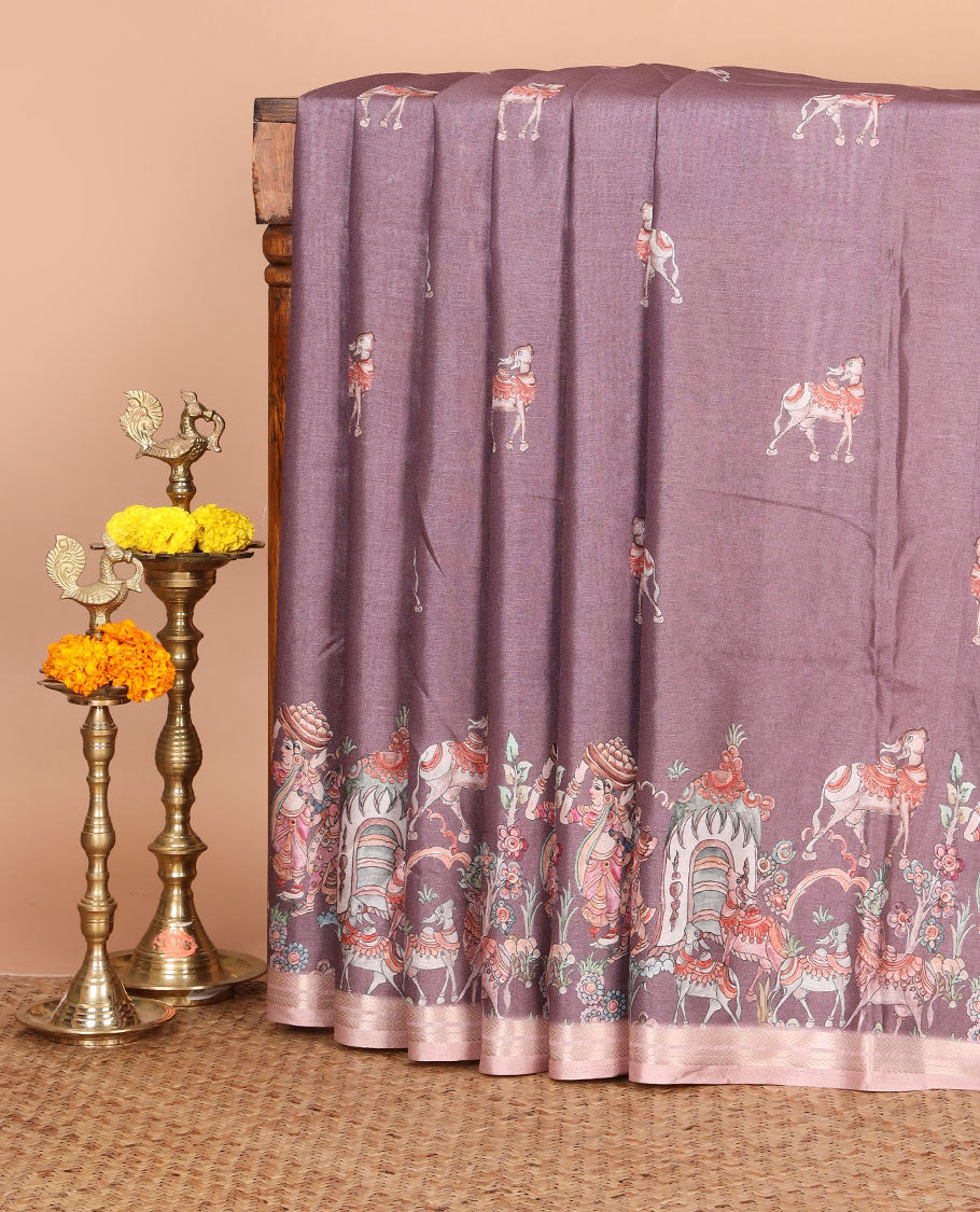 Light purple Pichwai cow printed semi-tussar saree,zari chevron border,pallu of Pichwai cow & human motifs, & Pichwai cow print blouse
