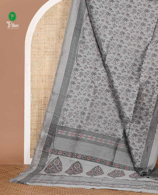 Grey warli-village theme printed litchi crushed saree, printed border, self-pallu & small butta printed blouse