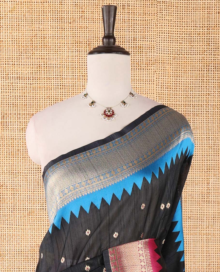 Black buttas banarasi jute saree, contrast traditional zari ganga-jamuna-style satin thread border, intricate pallu & plain blue blouse