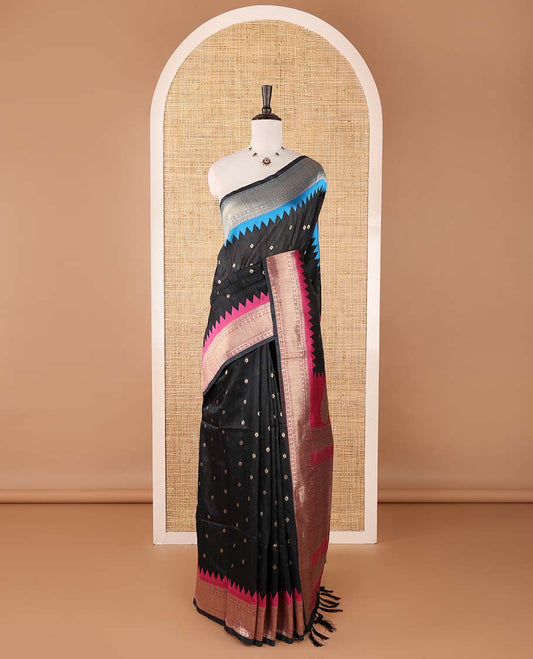 Black buttas banarasi jute saree, contrast traditional zari ganga-jamuna-style satin thread border, intricate pallu & plain blue blouse