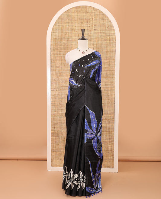 Black-base plain body khadi cotton saree with batik-style blue-color floral & dots printed on its border & pallu, plain black blouse