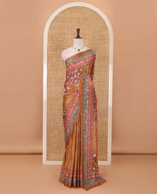Mustard-base Red-base floral bandhani-theme printed & real mirror embroidery masakali saree, self-border, printed mirror work pallu & matching blouse