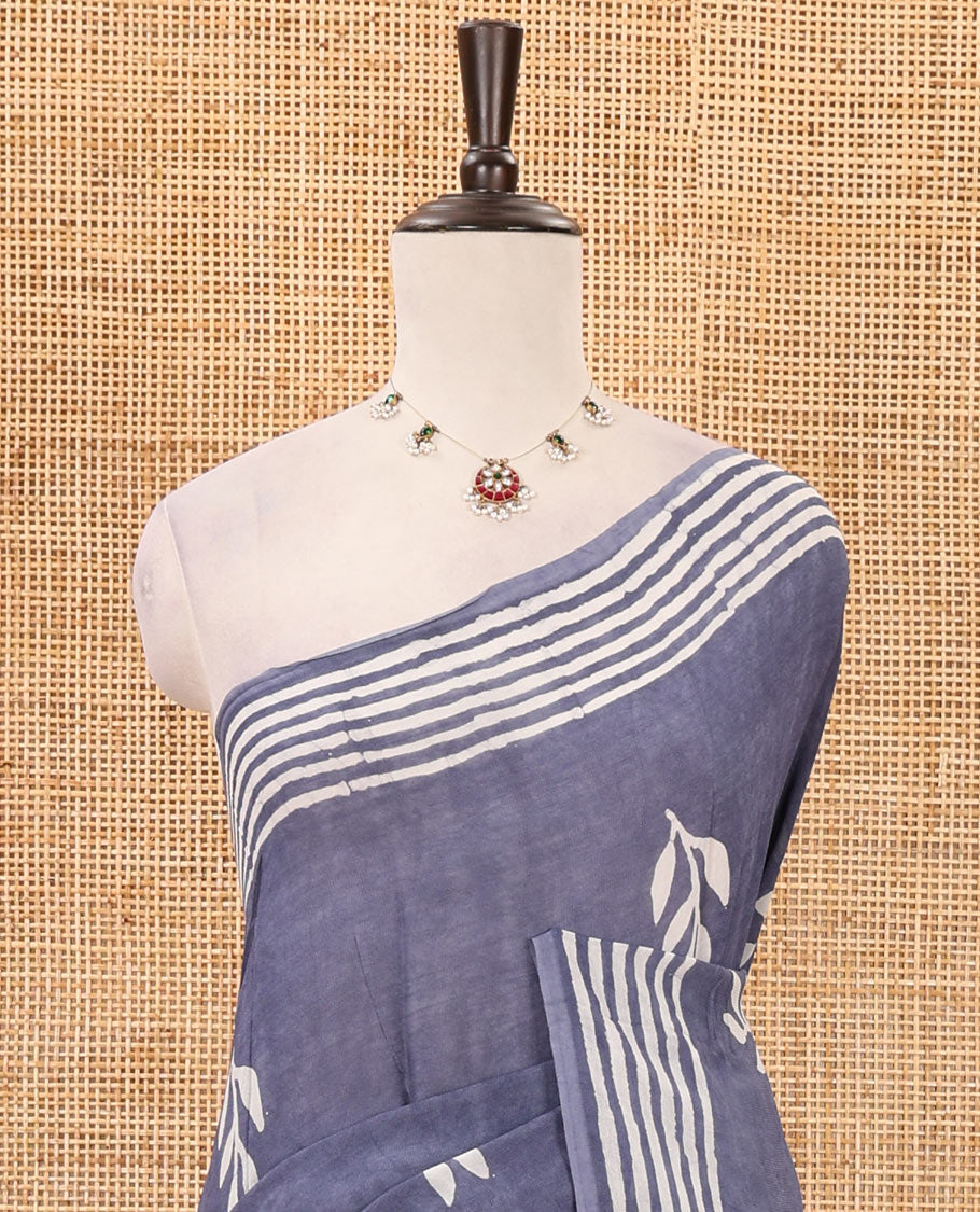 Grey leaf batik printed georgette saree, batik-printed striped border, floral-geometric batik printed pallu & batik printed blouse