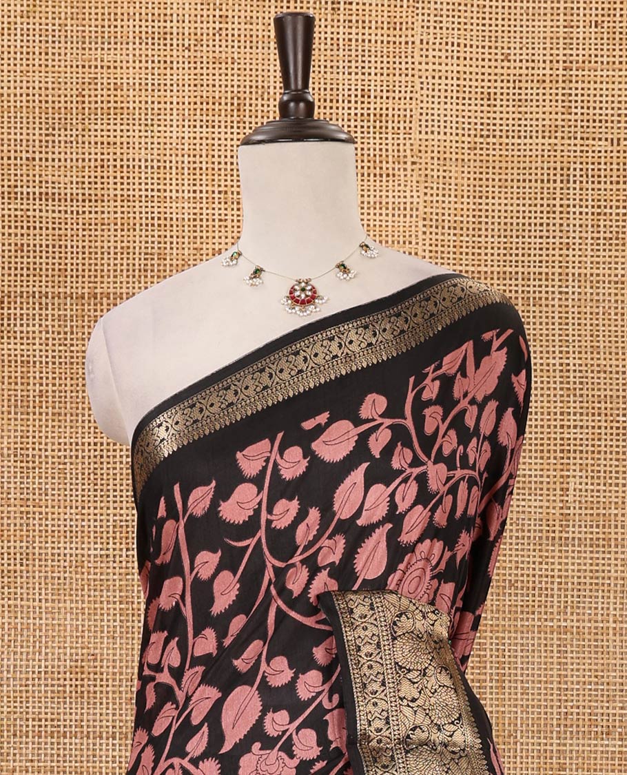 Black-pale pink kalamkari floral vine & peacock printed Dola silk saree,traditional border,kalamkari print pallu & matching blouse of print & zariwork