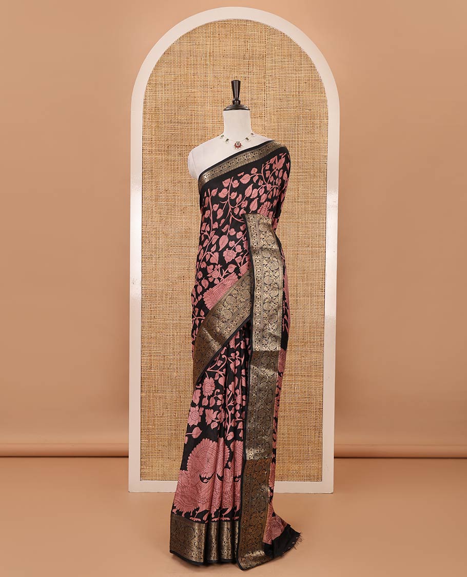 Black-pale pink kalamkari floral vine & peacock printed Dola silk saree,traditional border,kalamkari print pallu & matching blouse of print & zariwork
