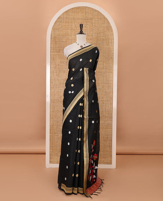 Black-base thread coin buttas mercerized cotton saree, piping border, jamdani-style floral motifs pallu  & matching blouse of coin buttas