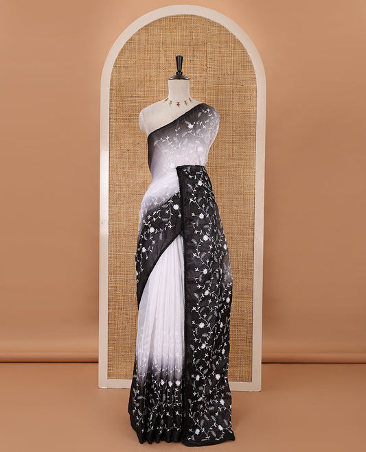 White-black color 2D-style print & floral vine chikankari embroidered kota check saree, lace border & plain blouse