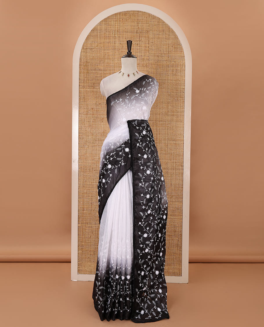 White-black color 2D-style print & floral vine chikankari embroidered kota check saree, lace border & plain blouse